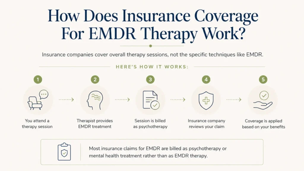 Infographic explaining how insurance coverage for EMDR therapy works from treatment to claim review