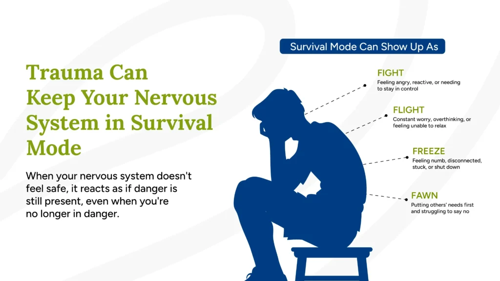 Infographic showing fight, flight, freeze, and fawn responses associated with trauma and nervous system survival mode