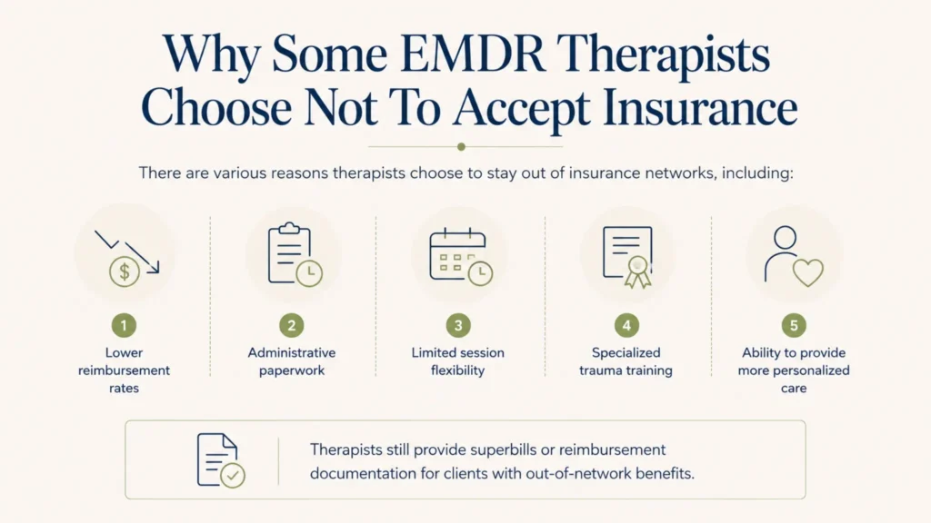 Infographic explaining reasons some EMDR therapists do not accept insurance, including reimbursement rates and administrative requirements