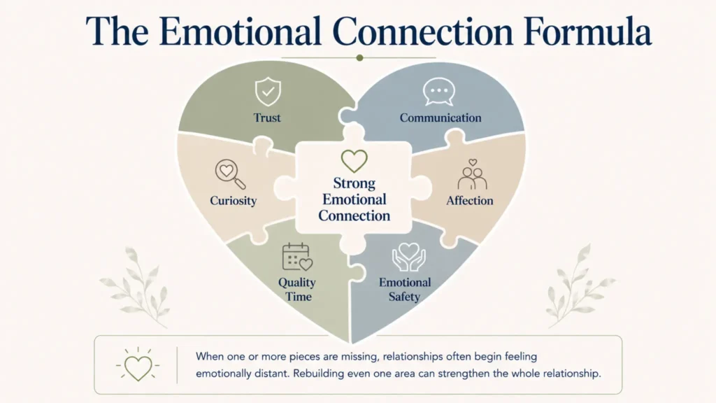 Emotional connection formula showing trust, communication, affection, emotional safety, quality time, and curiosity