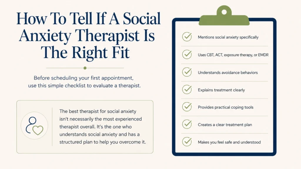 Checklist for choosing a social anxiety therapist based on treatment approach, experience, practical tools, and client comfort