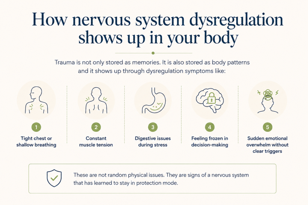 Physical symptoms of nervous system dysregulation including muscle tension, digestive issues, and emotional overwhelm