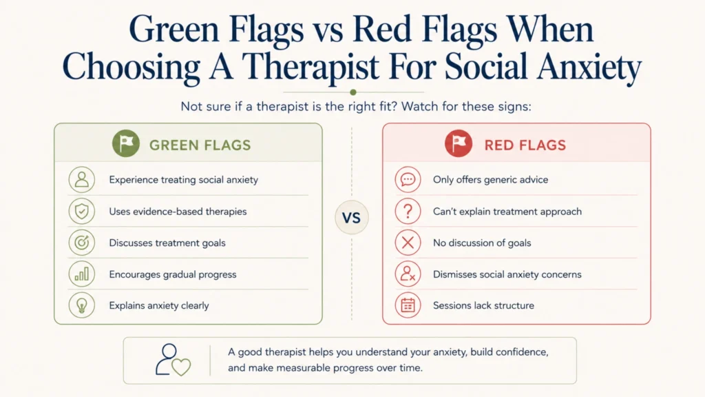 Green flags and red flags to consider when choosing a therapist for social anxiety