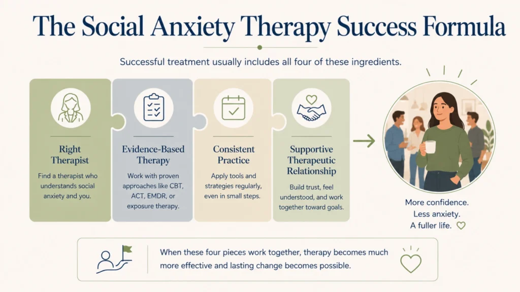 Social anxiety therapy success formula combining the right therapist, evidence-based therapy, consistent practice, and therapeutic support