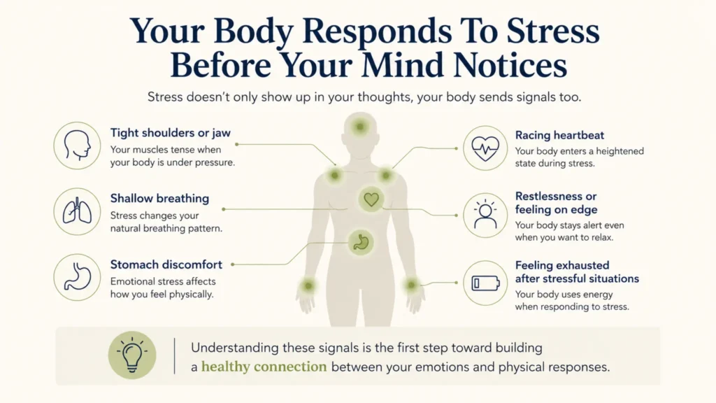 Infographic showing physical signs of stress including muscle tension, shallow breathing, stomach discomfort, racing heartbeat, restlessness, and exhaustion