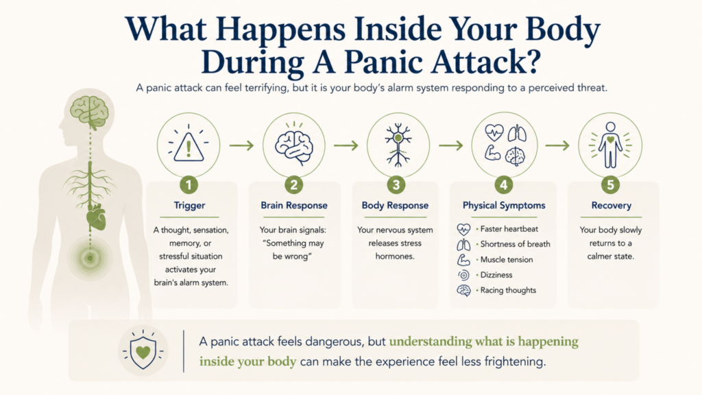 Diagram showing how a panic attack progresses from a trigger and brain response to physical symptoms and recovery