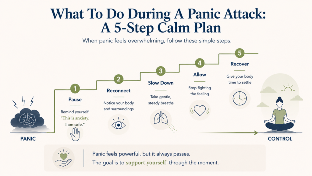 Five-step calm plan for a panic attack: pause, reconnect, slow down, allow the feeling, and recover