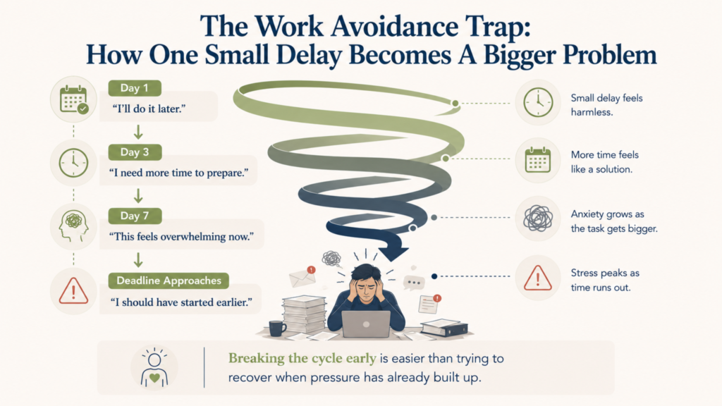 Work avoidance cycle showing how delaying a task can increase anxiety, overwhelm, and deadline stress